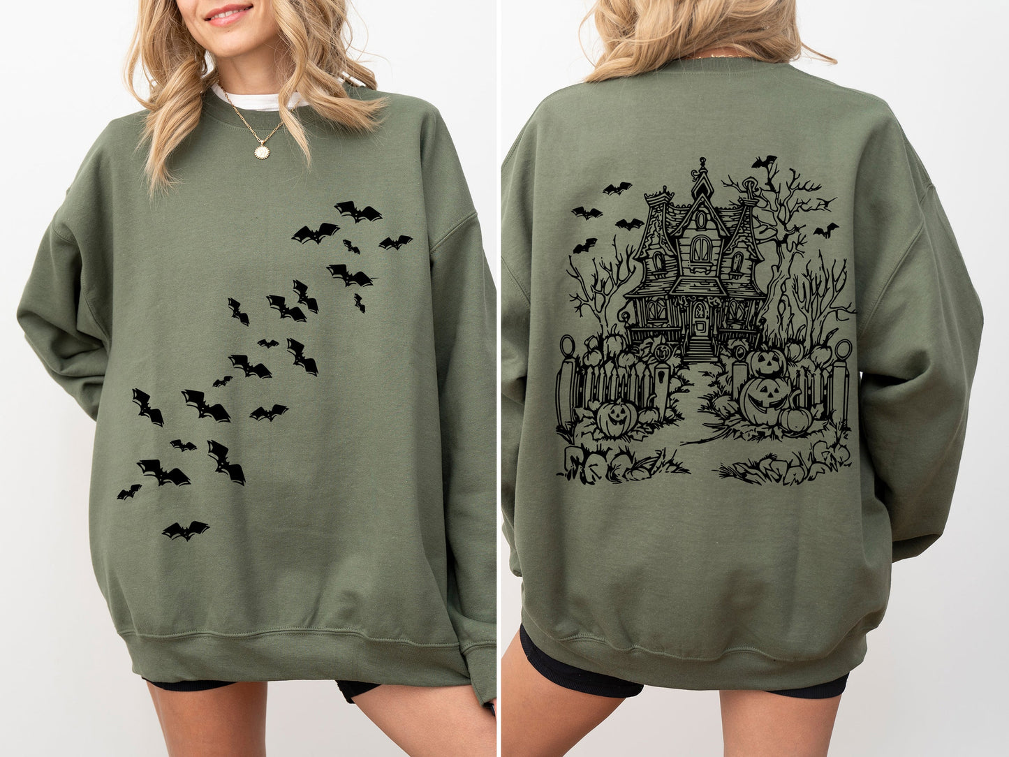 Haunted House Front and Back Retro Halloween Sweatshirt