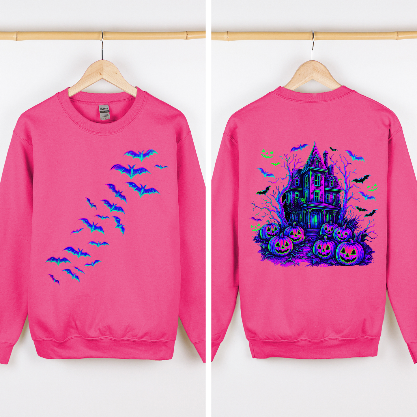 Haunted House Bright Colors Sweatshirt Halloween Spooky Ghosts Bats