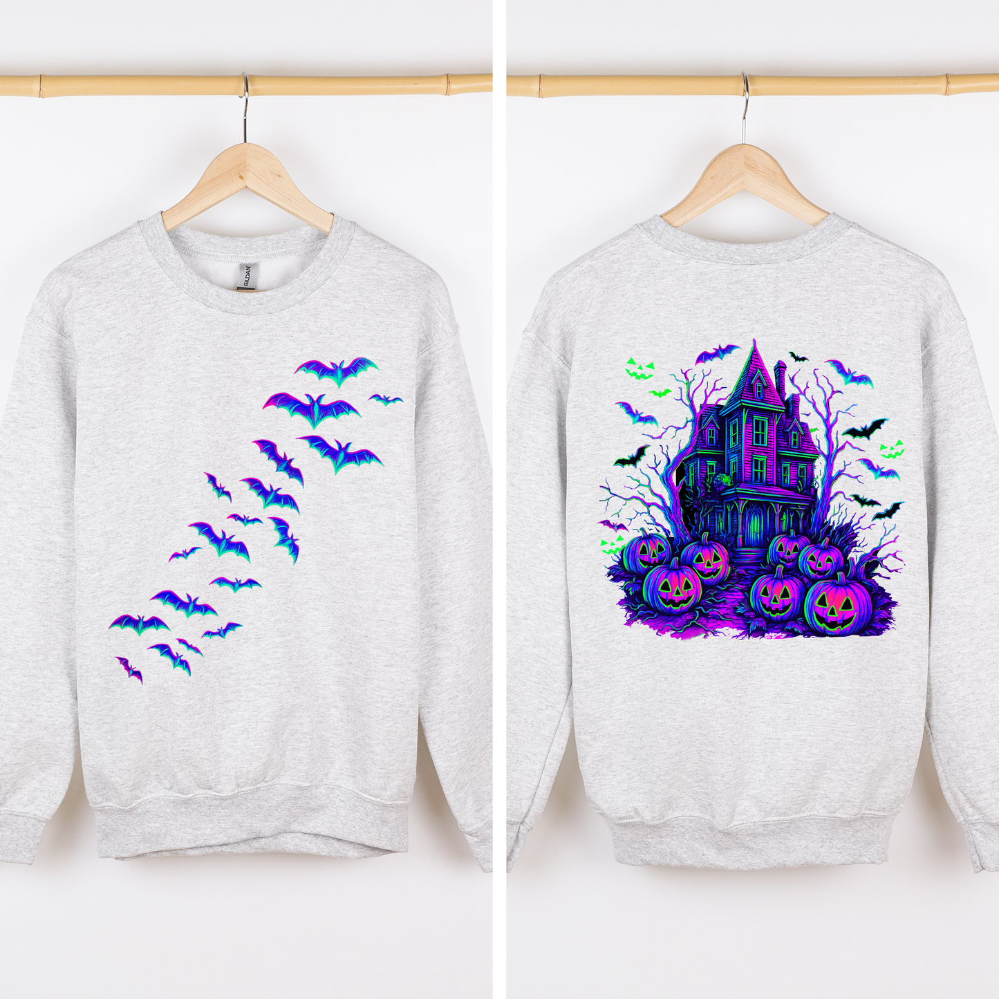 Haunted House Bright Colors Sweatshirt Halloween Spooky Ghosts Bats