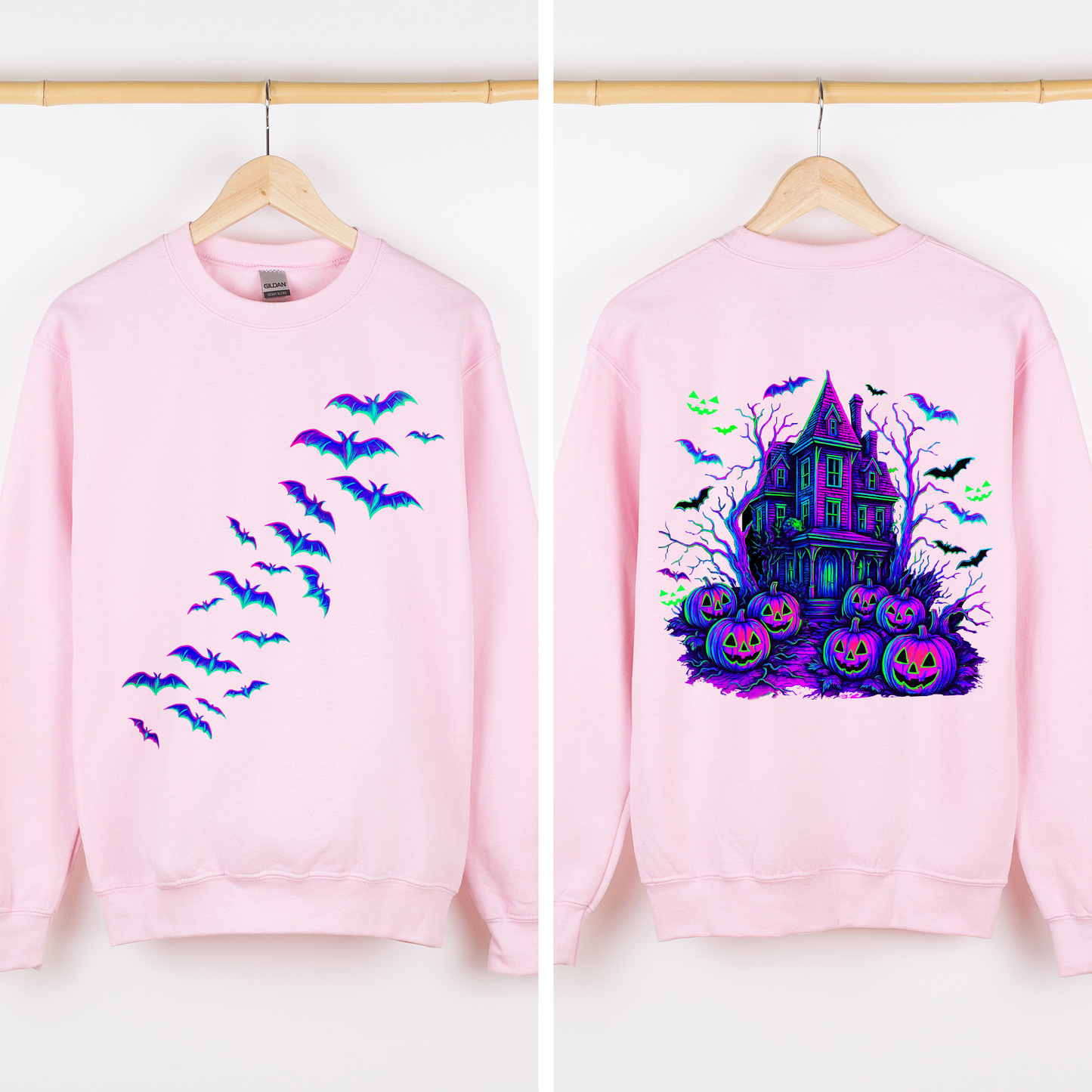 Haunted House Bright Colors Sweatshirt Halloween Spooky Ghosts Bats