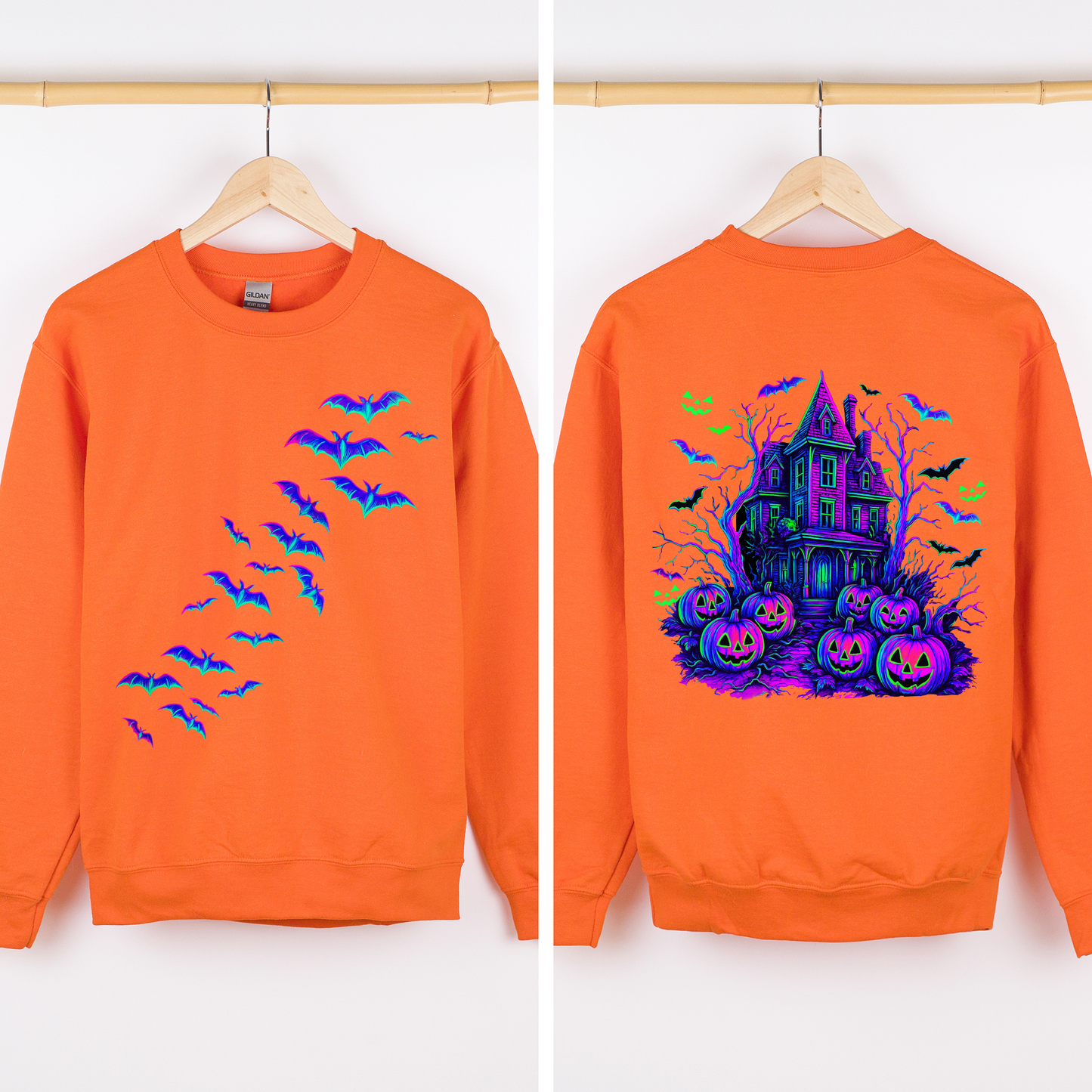 Haunted House Bright Colors Sweatshirt Halloween Spooky Ghosts Bats