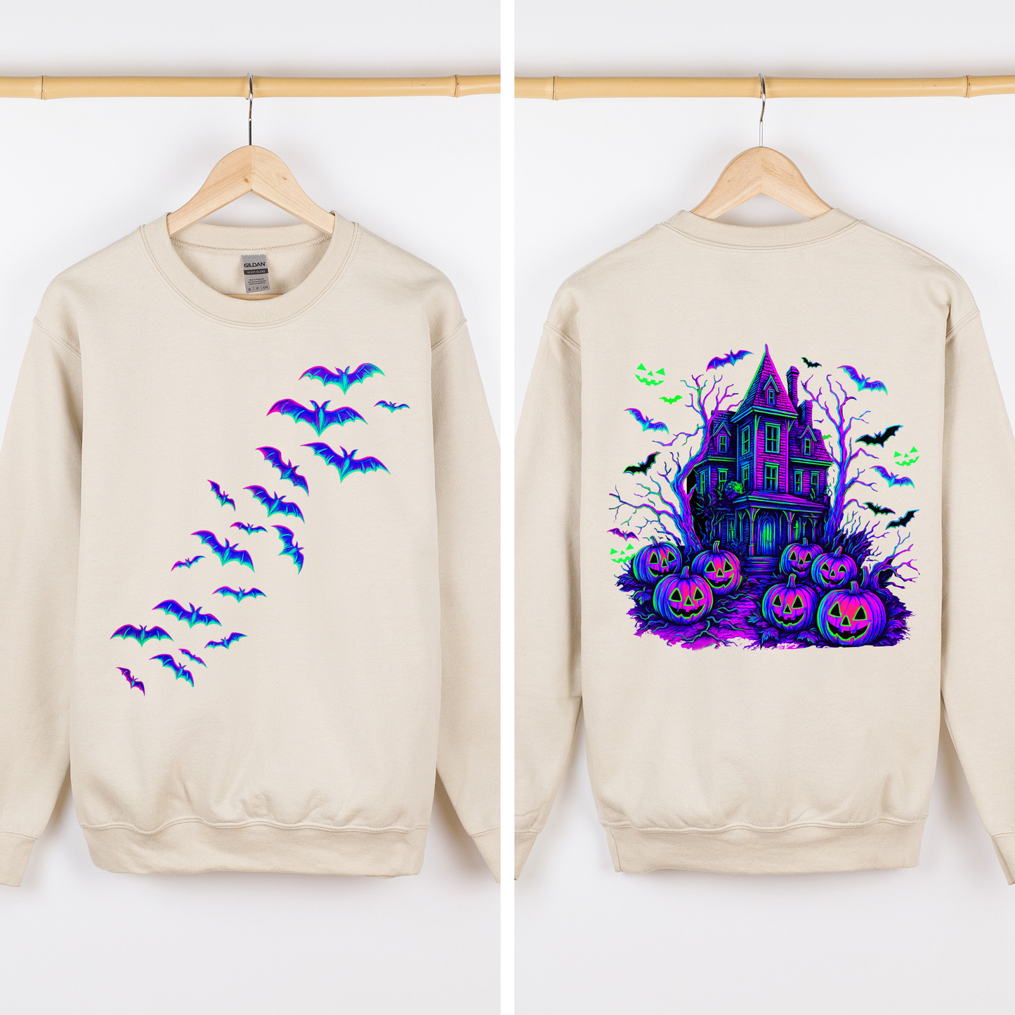 Haunted House Bright Colors Sweatshirt Halloween Spooky Ghosts Bats