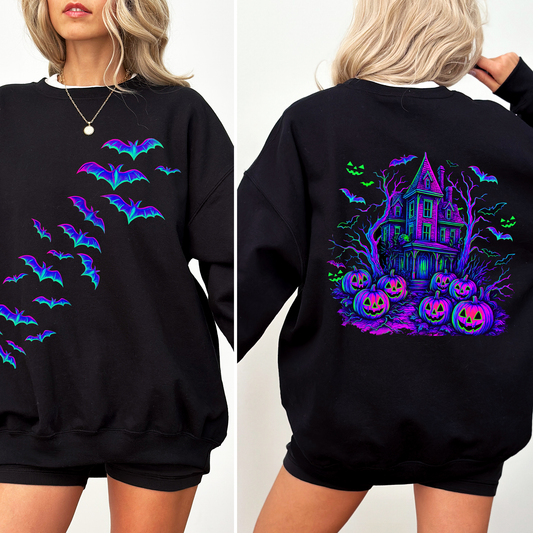 Haunted House Bright Colors Sweatshirt Halloween Spooky Ghosts Bats