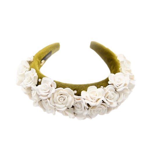 Olive Green Floral Vanilla Headband Handmade Polymer Clay Flowers ADIBA