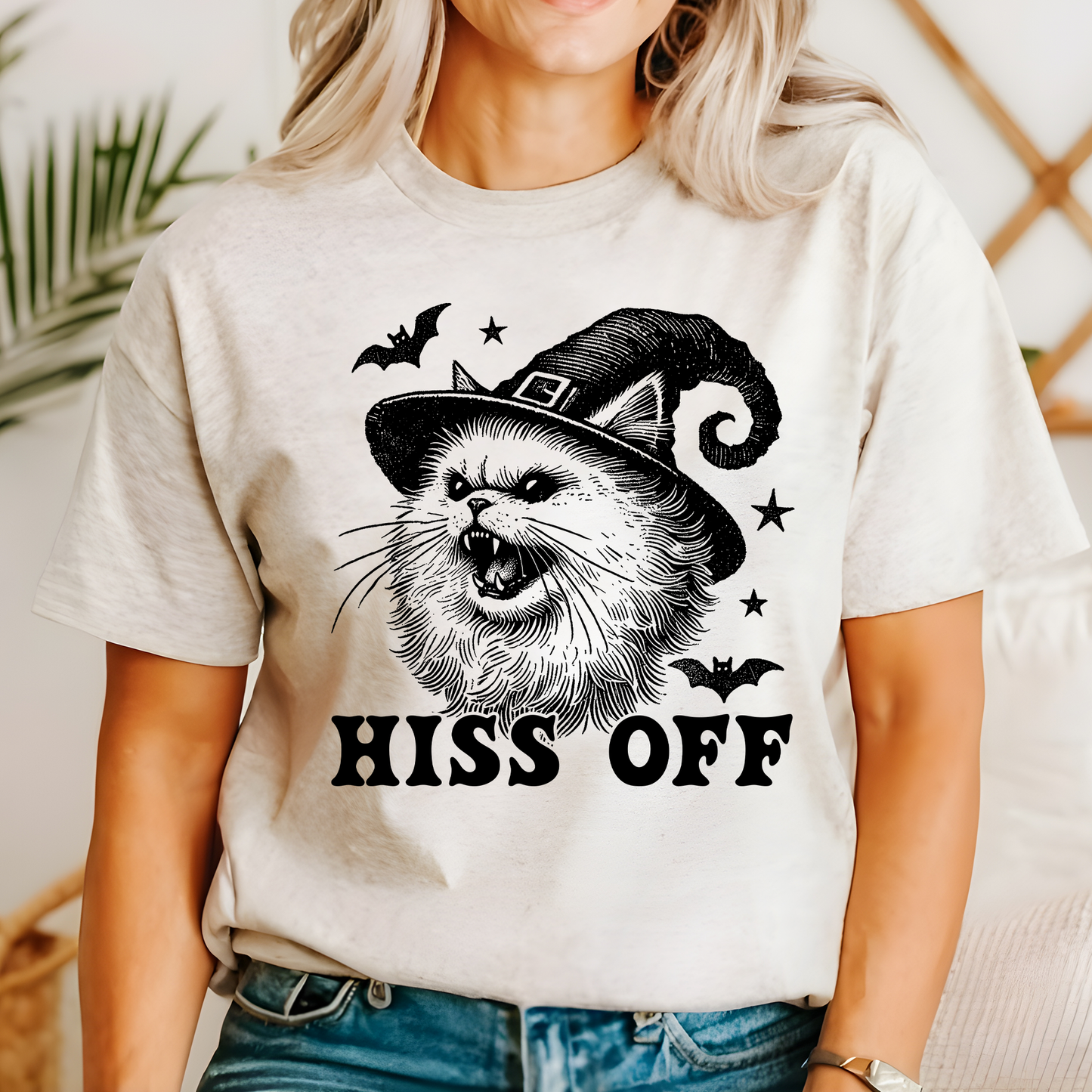 Hiss Off Cat Halloween Witch Graphic Tee Trendy Tshirt