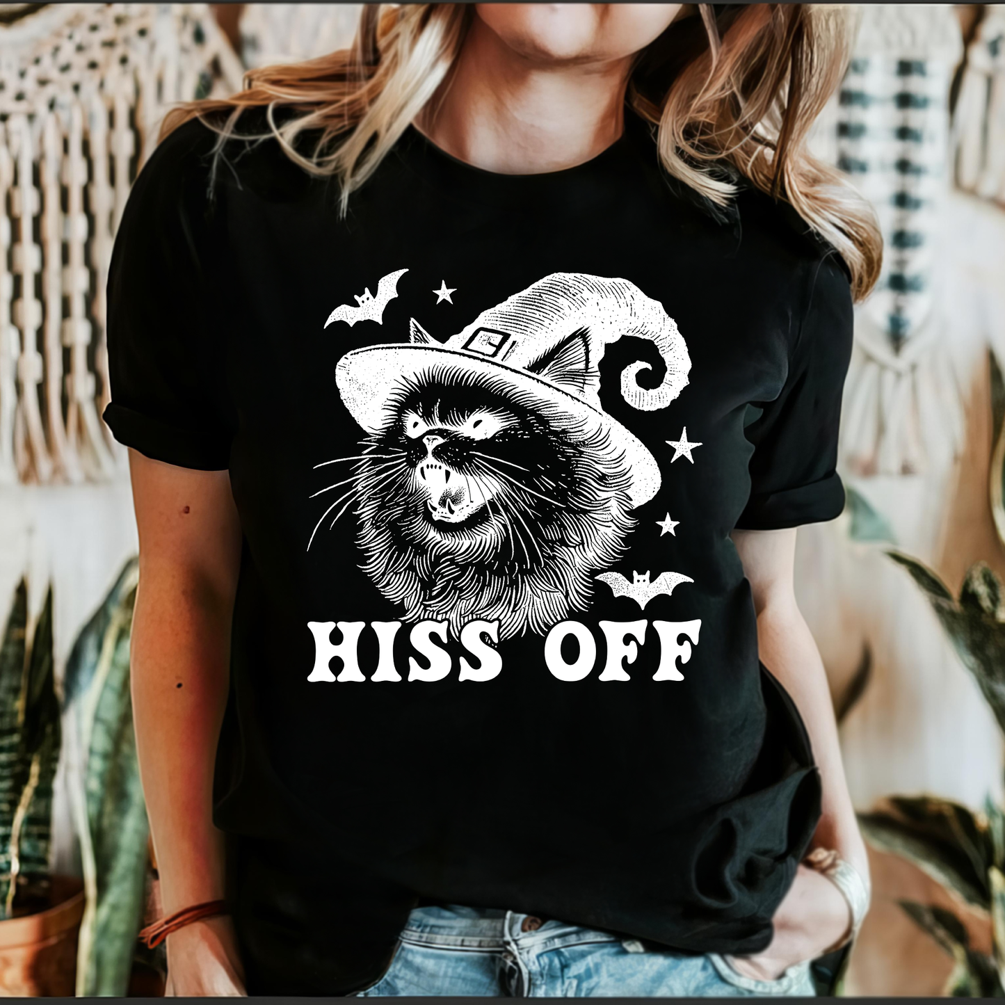 Hiss Off Cat Halloween Witch Graphic Tee Trendy Black Tshirt