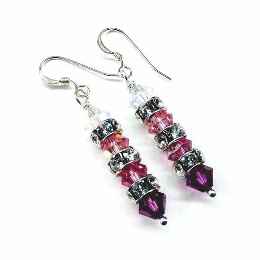 Hot Pink Ombre Stacked Crystal Earrings Sterling Silver