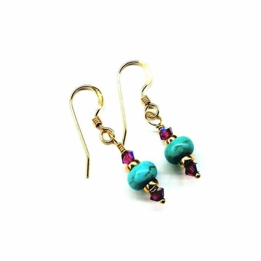 Hot Pink and Turquoise 14 K Gold Filled Earrings Handmade