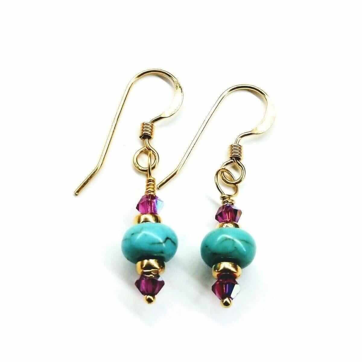 Hot Pink and Turquoise 14 K Gold Filled Earrings Handmade