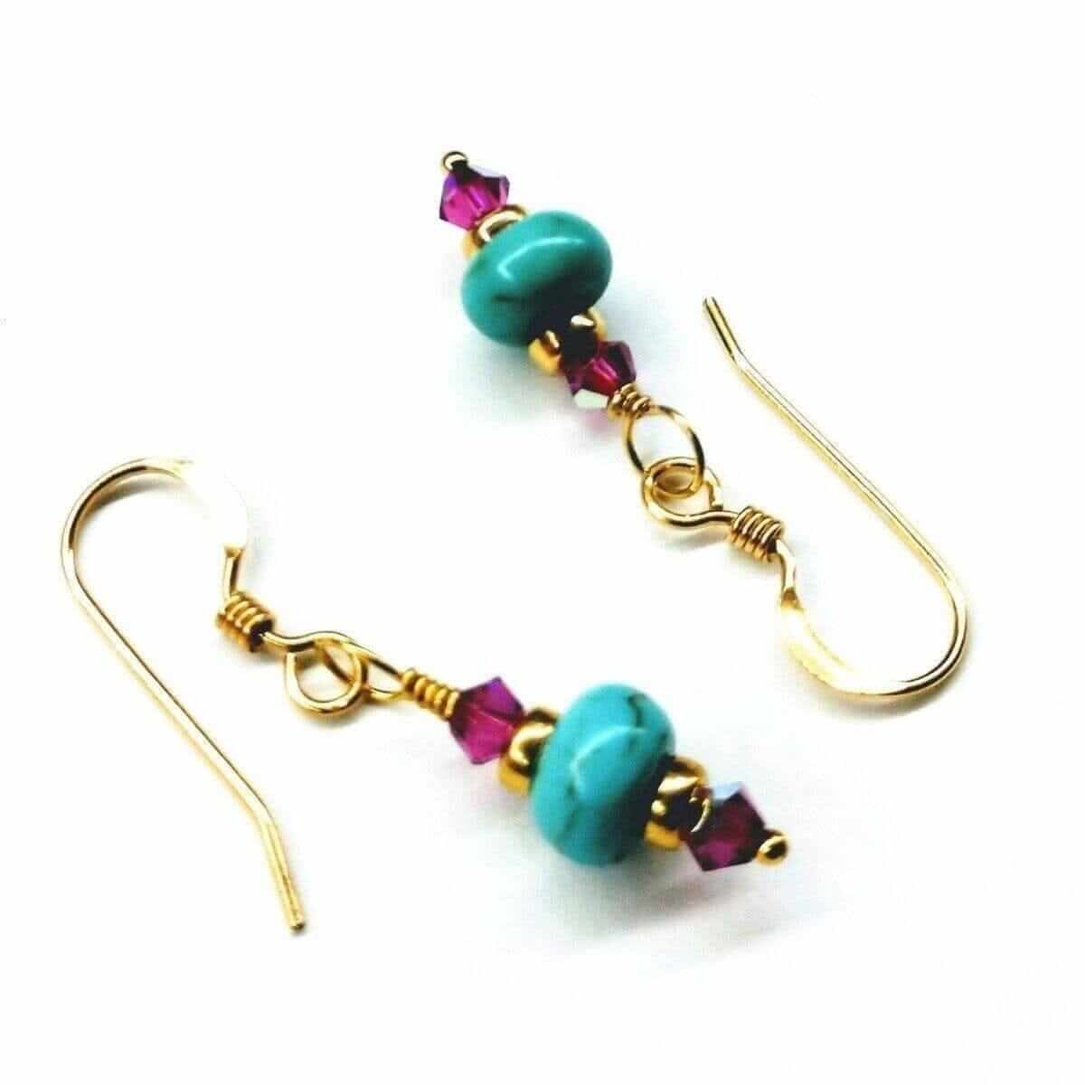 Hot Pink and Turquoise 14 K Gold Filled Earrings Handmade