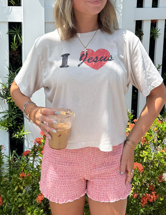 I Love Jesus Cropped Temple Grey Women's Tee 100% Cotton