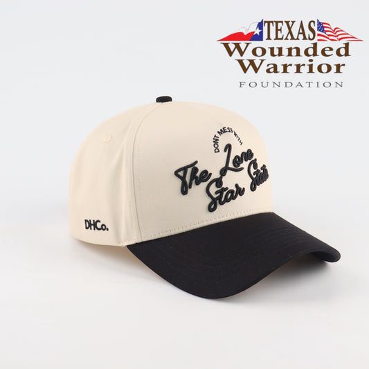 Lone Star Script Beige and Black Pre-curved Trucker Hat Destination Hat Co.