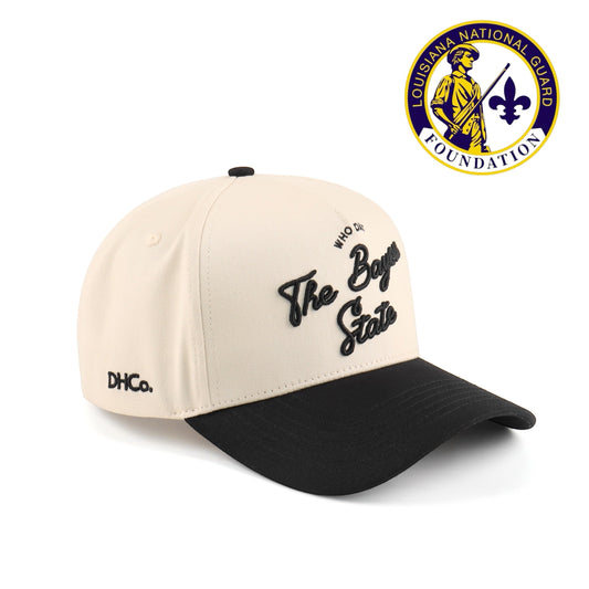Script Hat Beige and Black Trucker Hat Destination Hat Co.