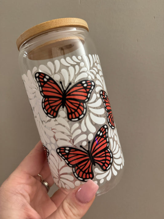 Monarch Bloom 16oz Glass Cup with Bamboo Lid and Straw