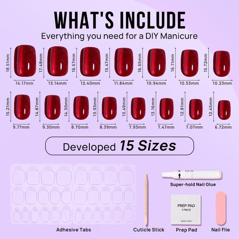 Square Red Press On Nails Long Lasting Reusable Hot Love