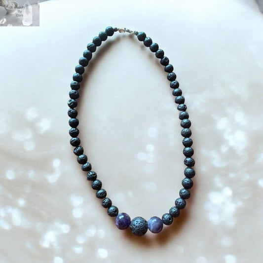 Lava and Amethyst Healing Necklace 14 inch with Lobster Clasp