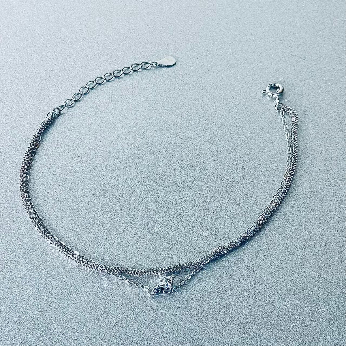 Dainty Dual-Layer Pavé CZ Charm 925 Sterling Silver Bracelet Amtikiss