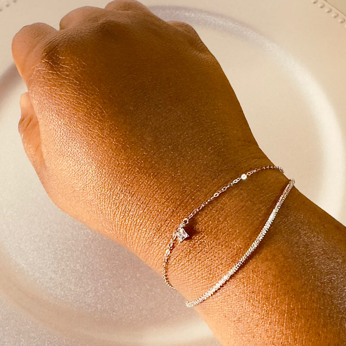Dainty Dual-Layer Pavé CZ Charm 925 Sterling Silver Bracelet Amtikiss