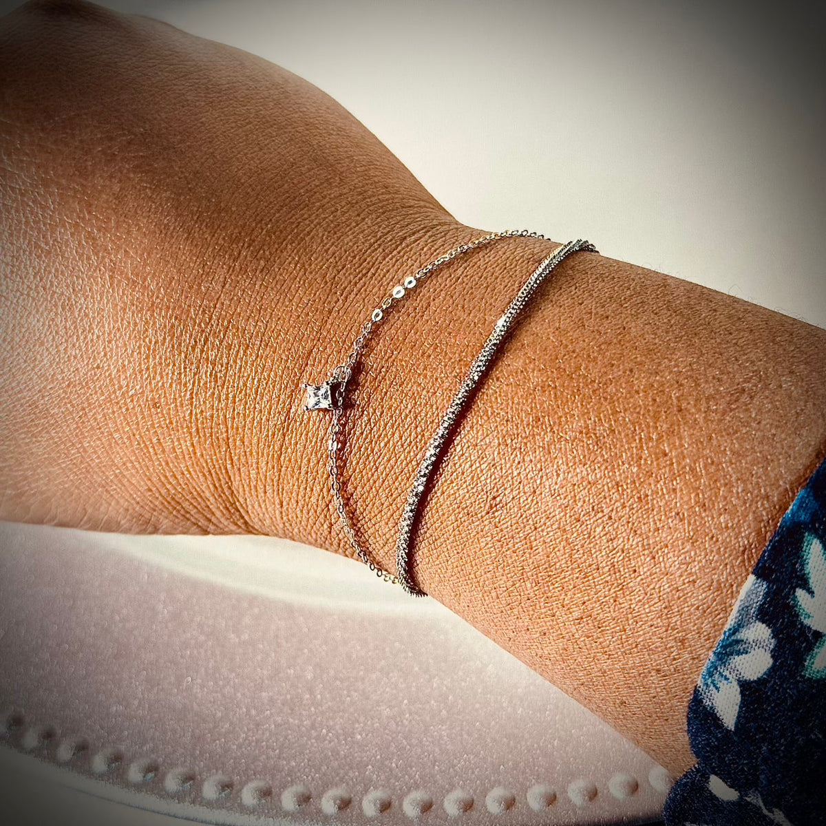 Dainty Dual-Layer Pavé CZ Charm 925 Sterling Silver Bracelet Amtikiss