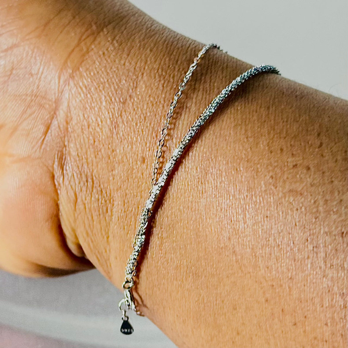 Dainty Dual-Layer Pavé CZ Charm 925 Sterling Silver Bracelet Amtikiss