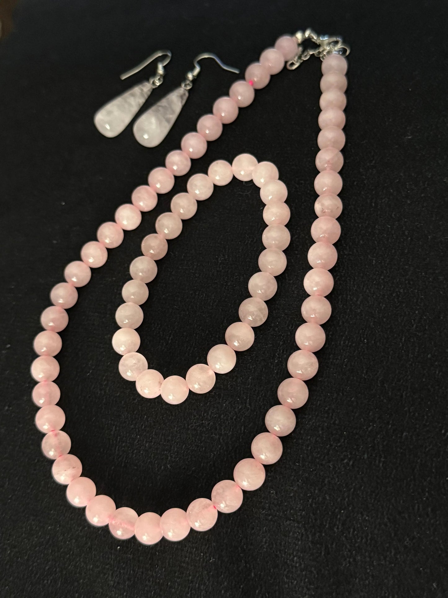 Rose Quartz Beaded Necklace Bracelet and Earring Set