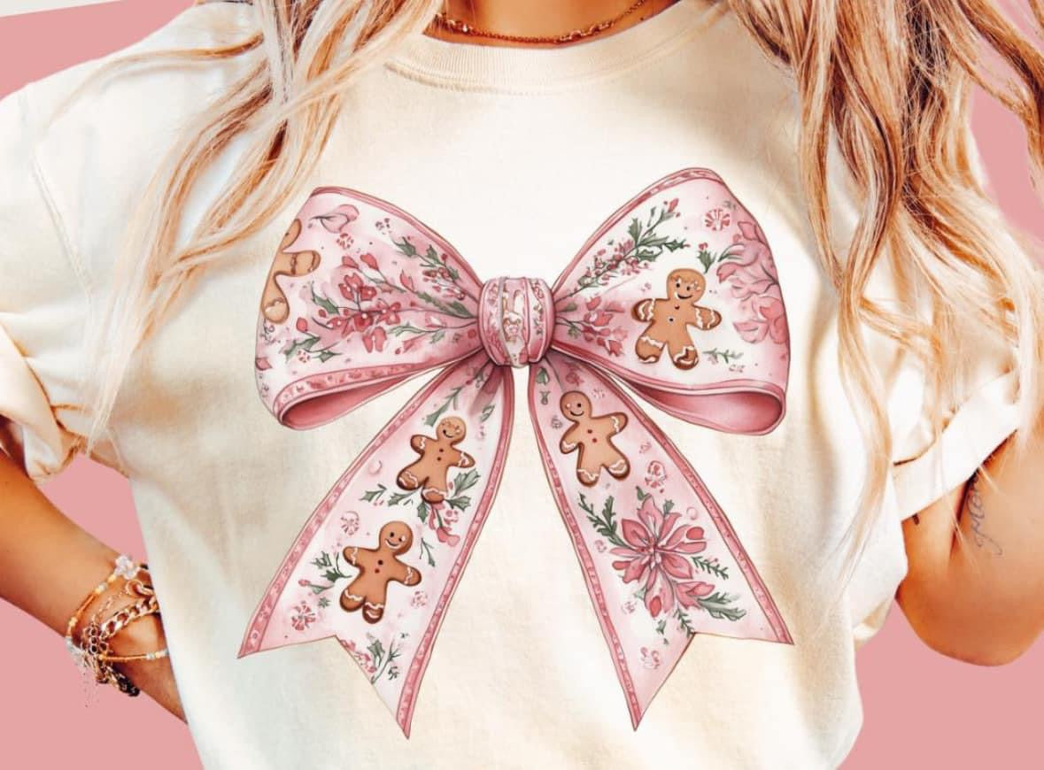 Vintage Gingerbread Pink Bow Design Tee Sweatshirt L