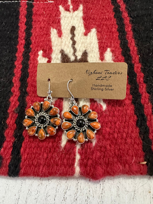 Black Onyx Orange Mojave Sterling Silver Dangle Earrings Nizhoni Traders LLC