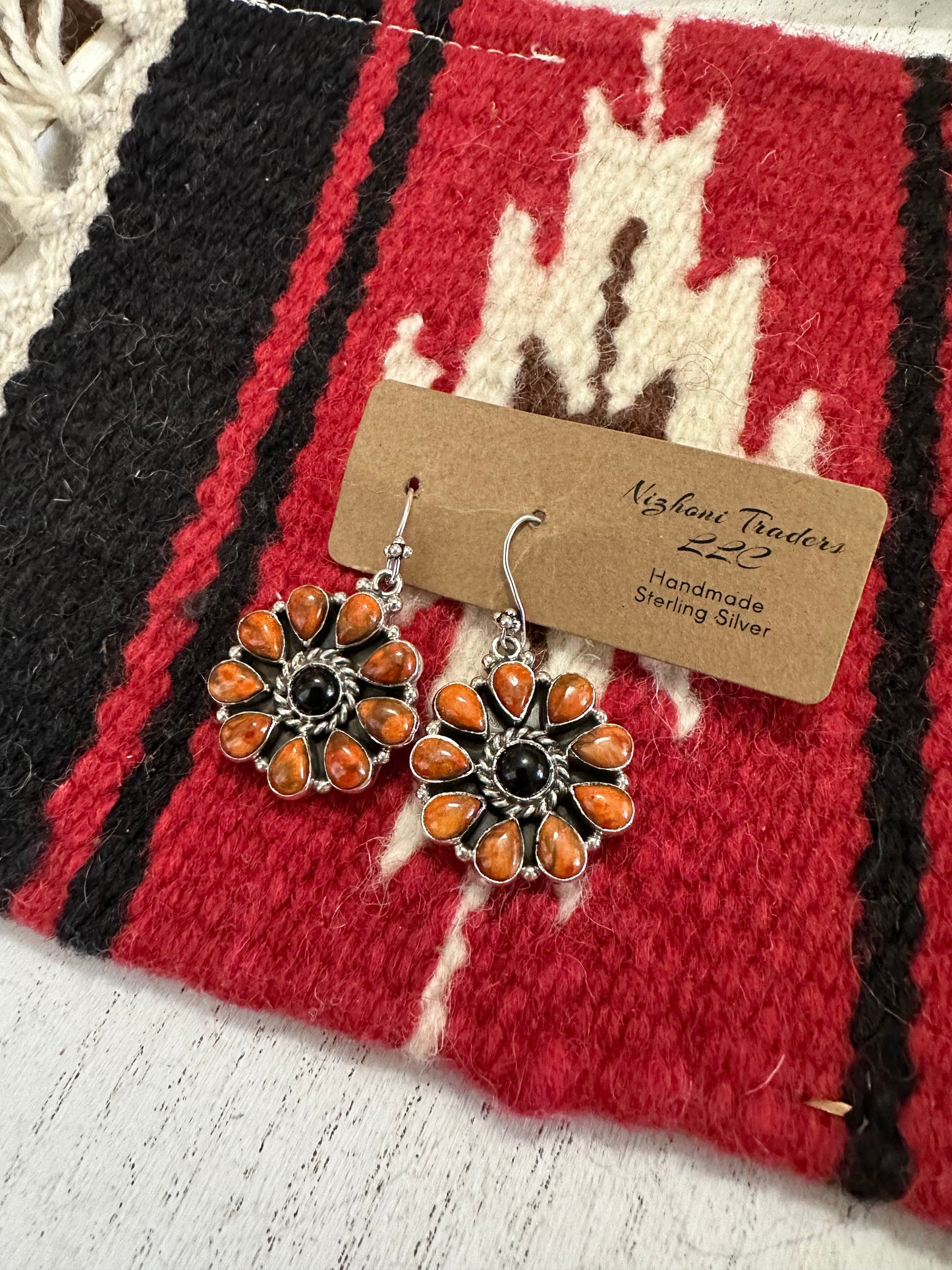 Black Onyx Orange Mojave Sterling Silver Dangle Earrings Nizhoni Traders LLC