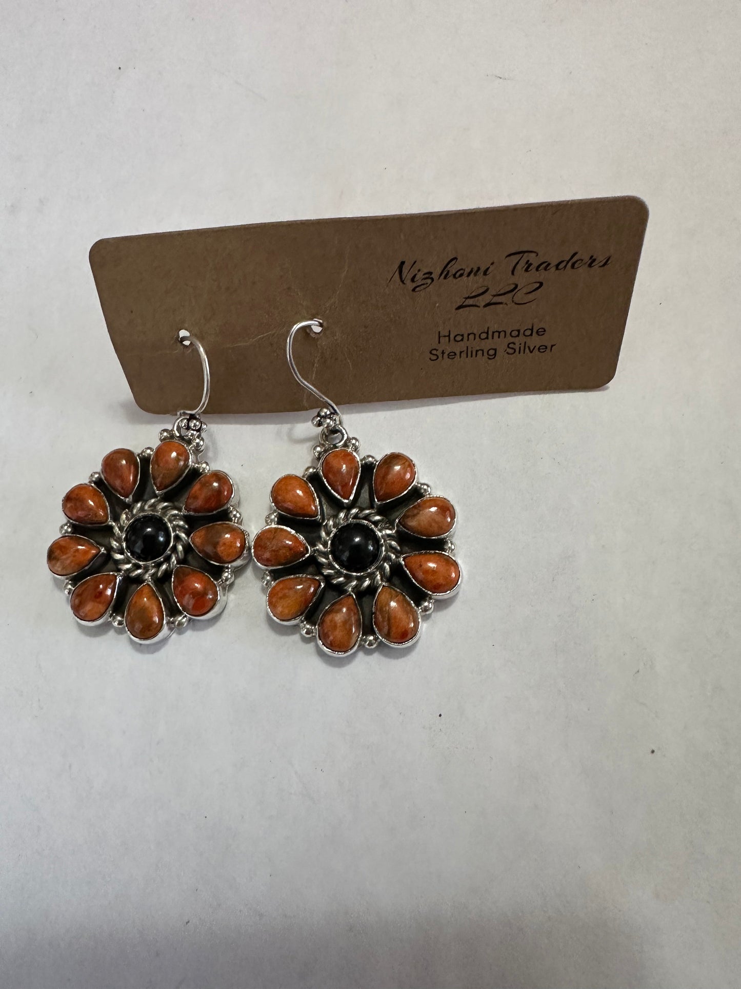 Black Onyx Orange Mojave Sterling Silver Dangle Earrings Nizhoni Traders LLC