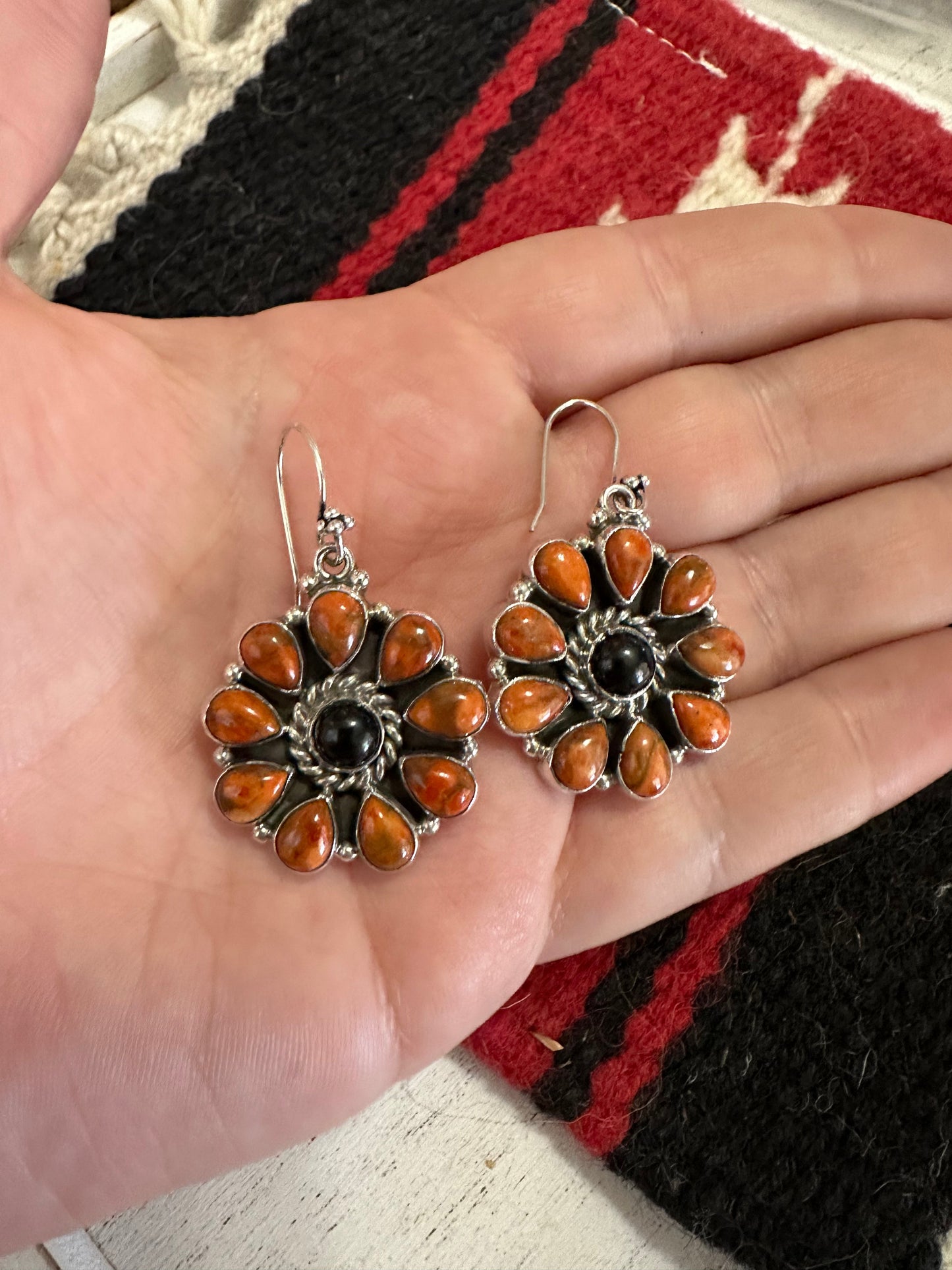 Black Onyx Orange Mojave Sterling Silver Dangle Earrings Nizhoni Traders LLC