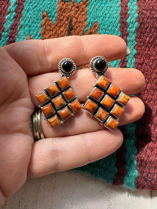 Black Onyx Orange Mojave Sterling Silver Dangle Earrings HALLOWEEN COLLECTION Nizhoni Traders LLC