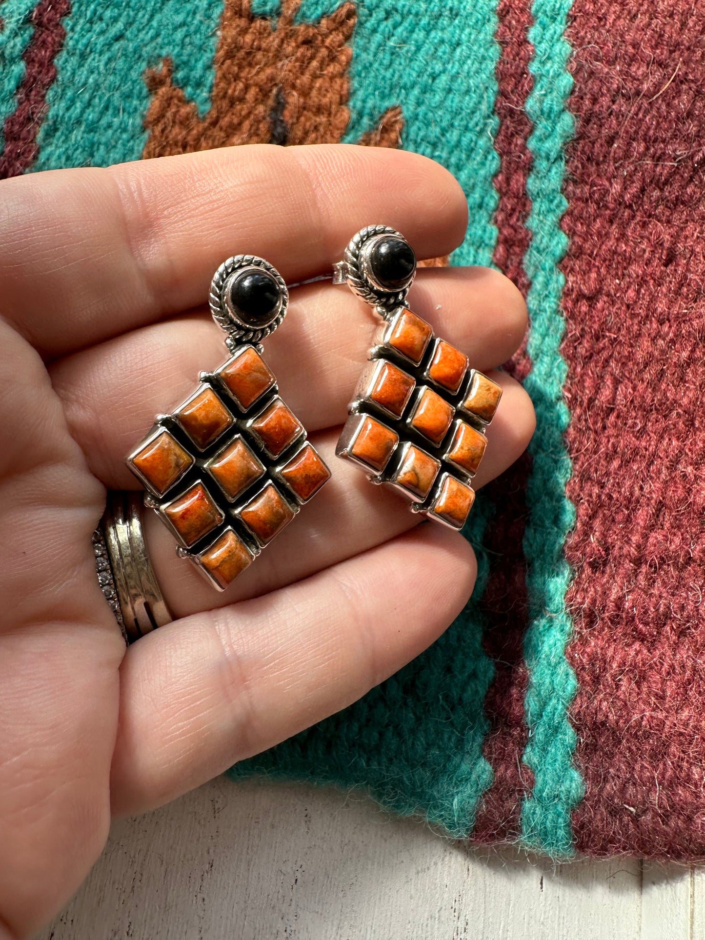 Black Onyx Orange Mojave Sterling Silver Dangle Earrings HALLOWEEN COLLECTION Nizhoni Traders LLC