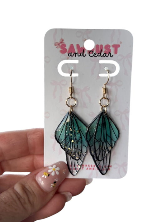 Butterfly Wing Teal Layered Transparent Earrings