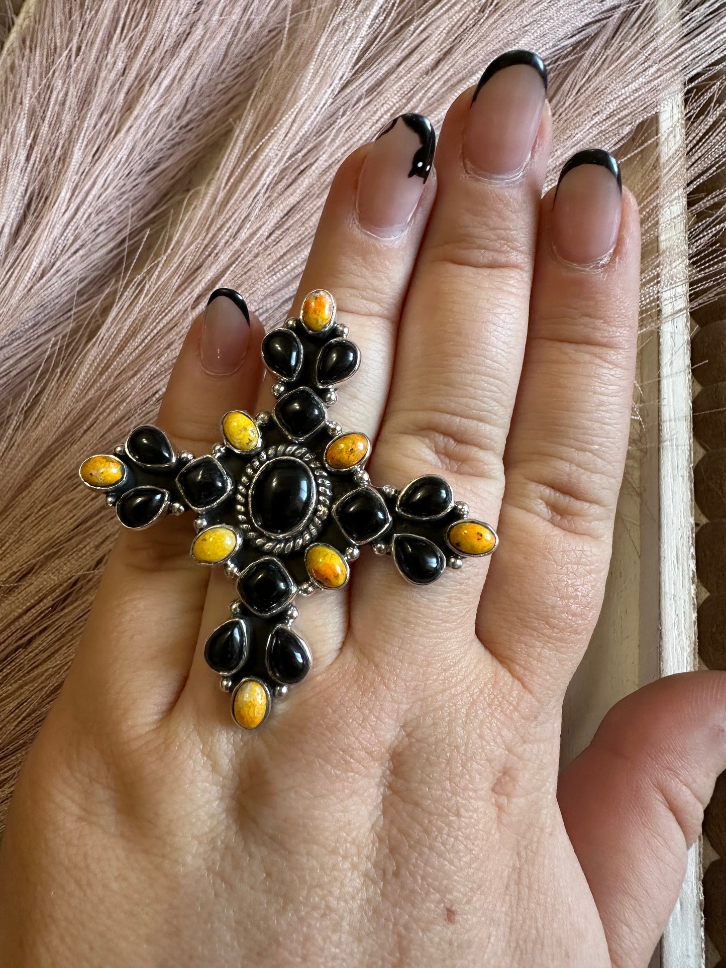 Black Onyx Bumble Bee Adjustable Ring Sterling Silver Nizhoni