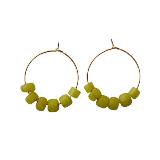 Lime Green Glass Beaded Hoop Earrings 14k Gold Plated Sela Designs