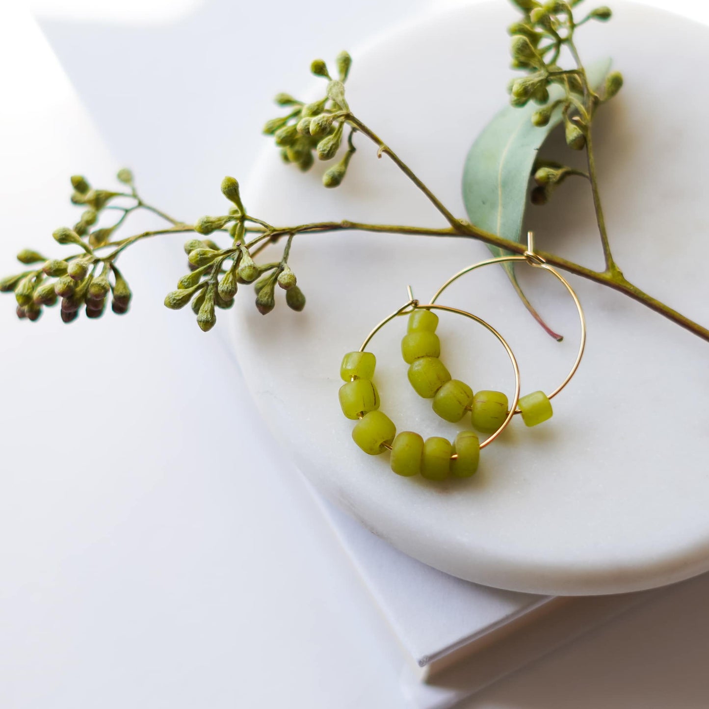 Lime Green Glass Beaded Hoop Earrings 14k Gold Plated Sela Designs