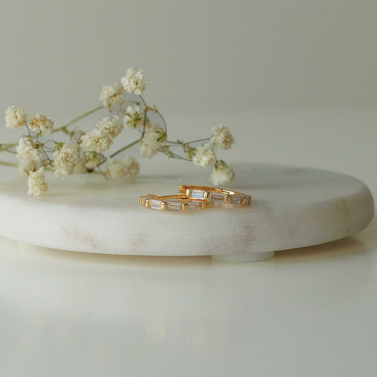 Crystal Baguette Rhinestone Hoop Earrings Gold Plated Stainless Steel