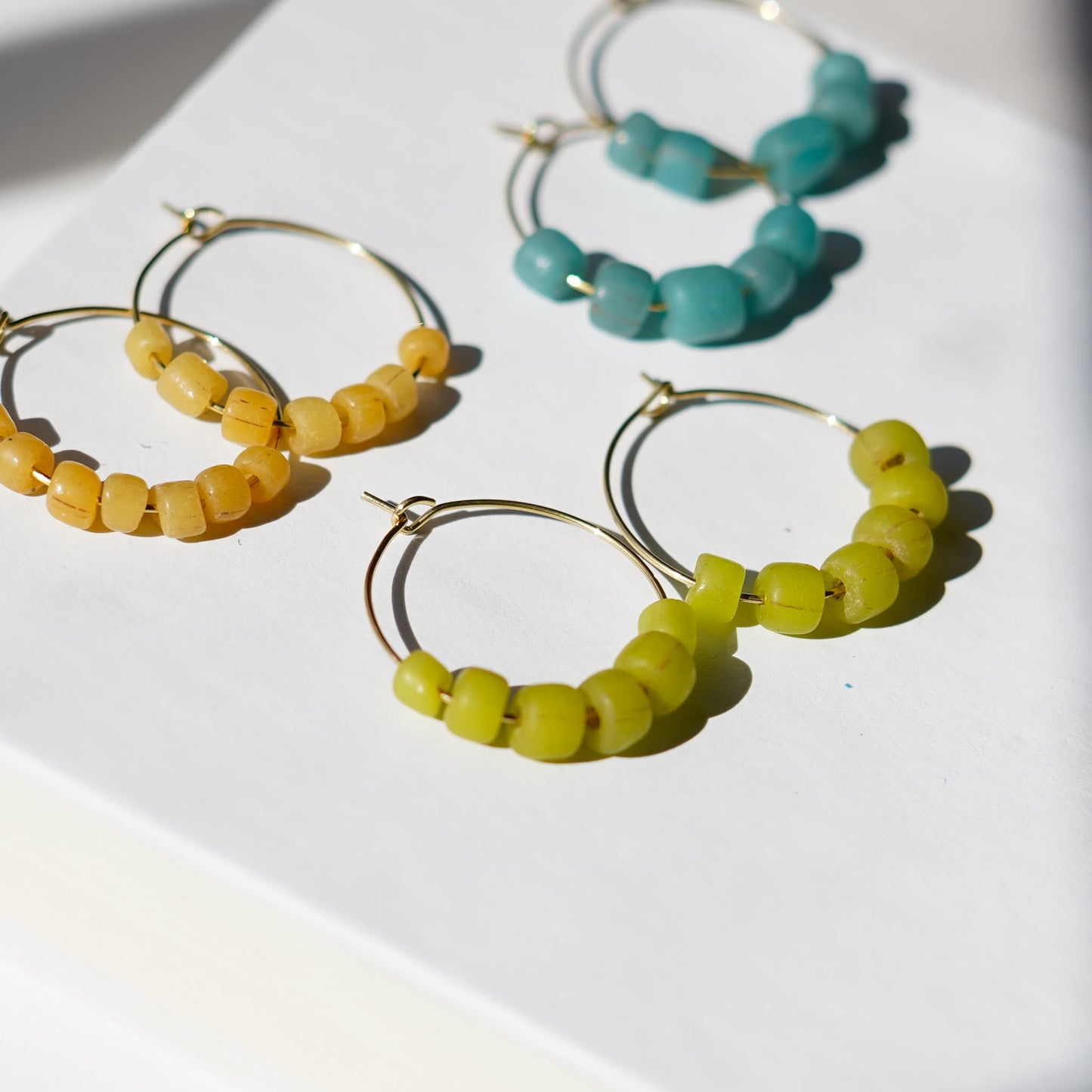 Lime Green Glass Beaded Hoop Earrings 14k Gold Plated Sela Designs