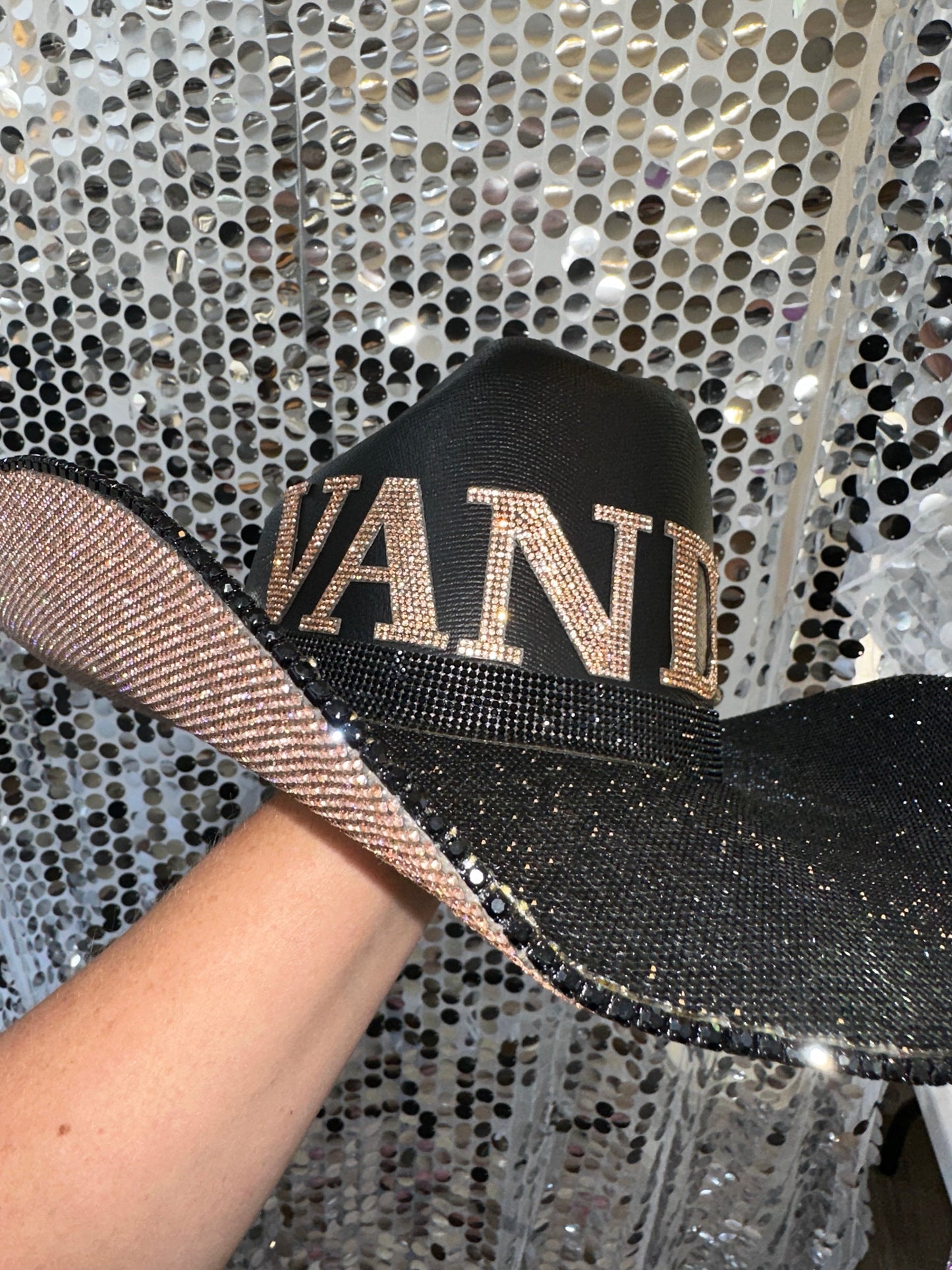 Vanderbilt Champagne Rhinestone Black Straw Hat Vanderbilt