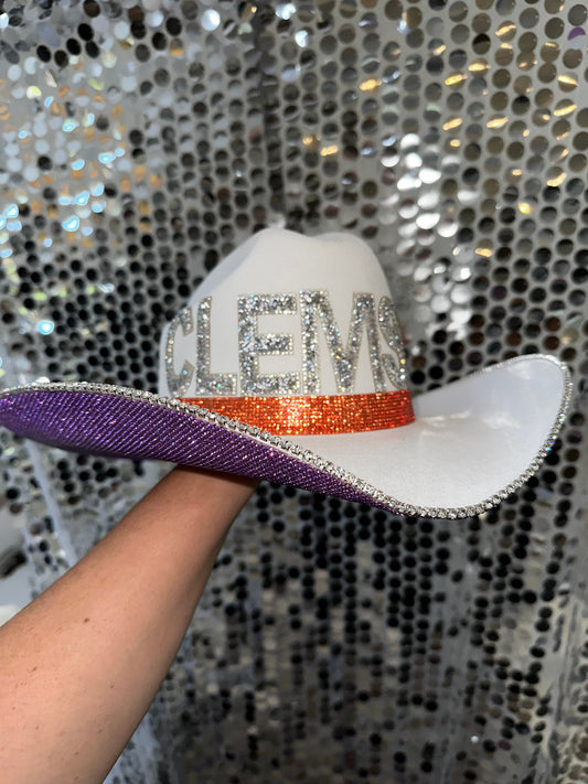 Clemson Hat White Straw Rhinestone Cowgirl Hat
