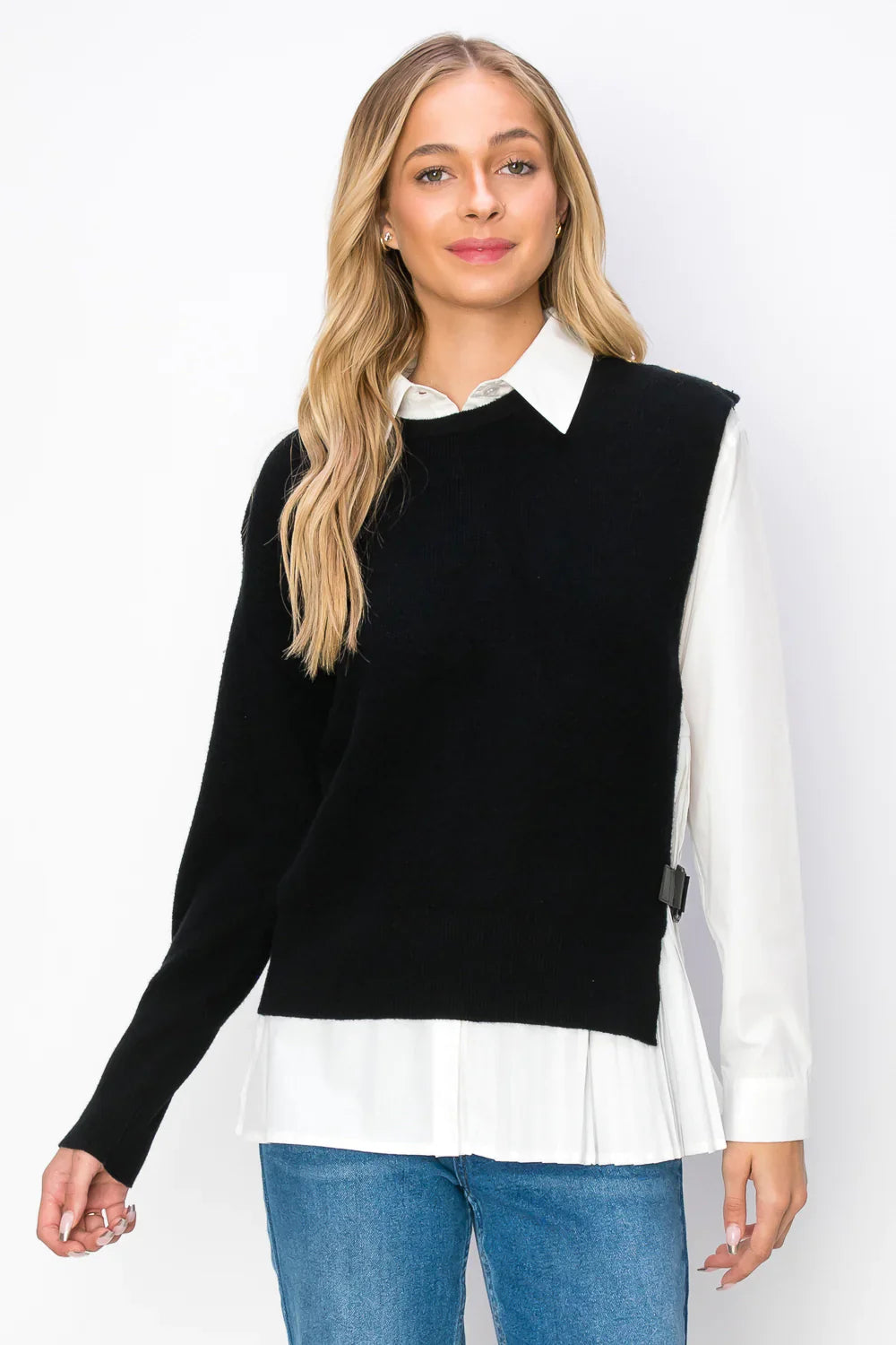 Cotton Pleated Knitted Sweater 2pc Shirt Set