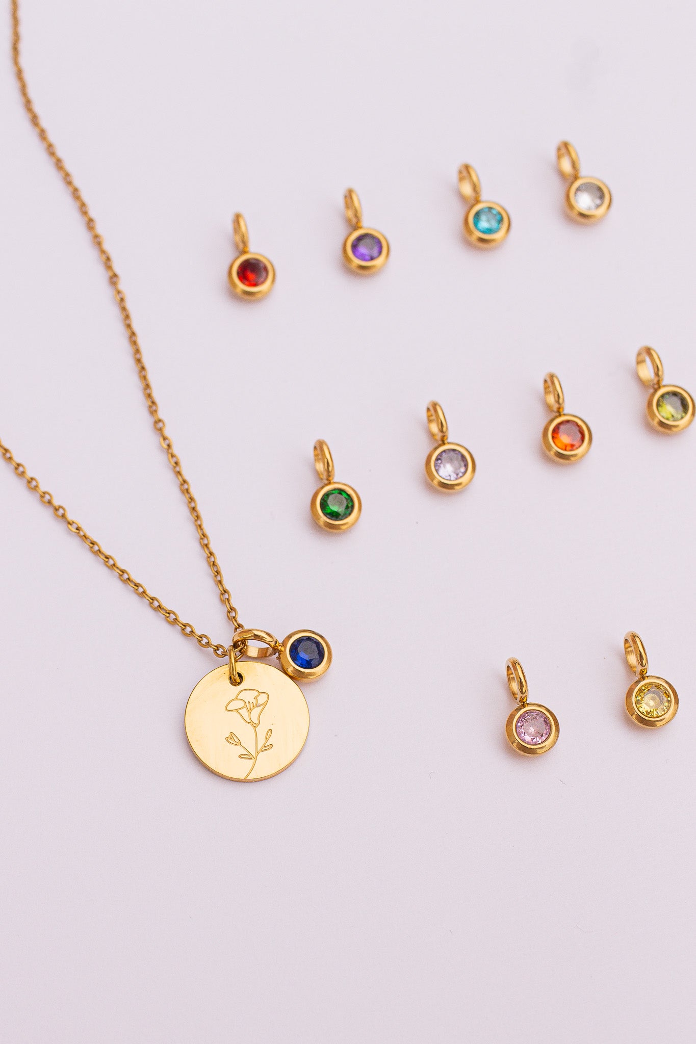 Birthstone Cubic Zirconia Charm 18k Gold Plated Stainless Steel