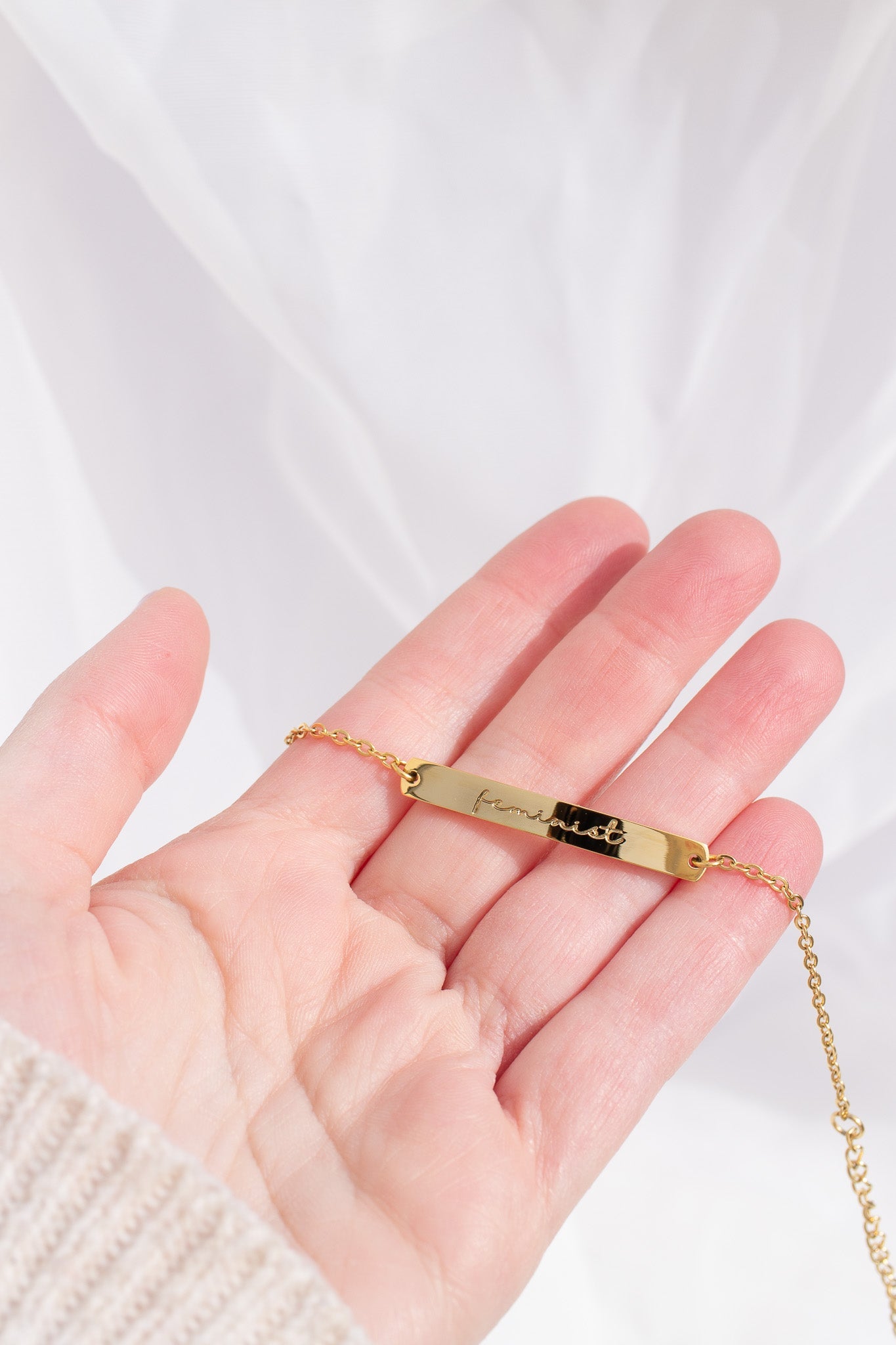 Feminist Curved Bar Pendant Bracelet Rose & Clay