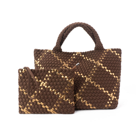 Large Woven Neoprene Tote Cocoa with Gold Stripe Handbag The Charli