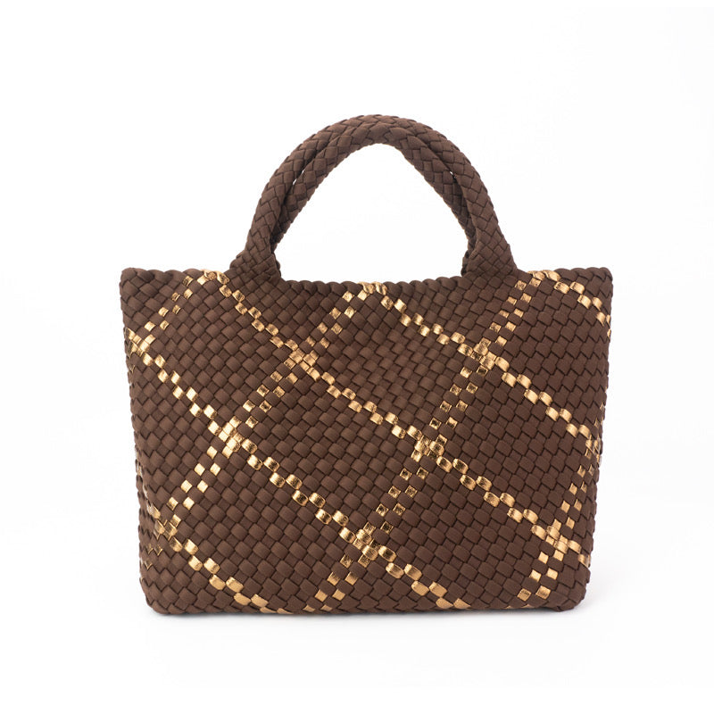 Large Woven Neoprene Tote Cocoa with Gold Stripe Handbag The Charli