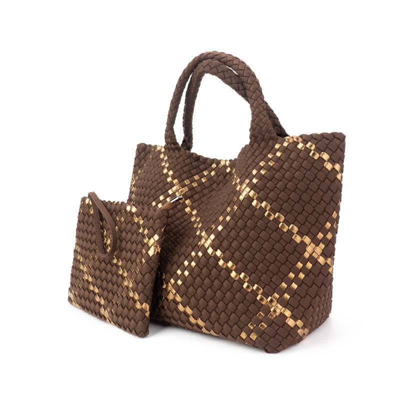 Large Woven Neoprene Tote Cocoa with Gold Stripe Handbag The Charli