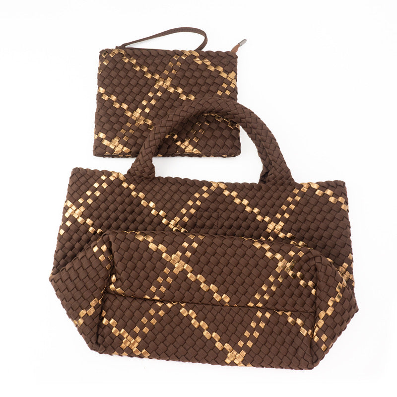 Large Woven Neoprene Tote Cocoa with Gold Stripe Handbag The Charli