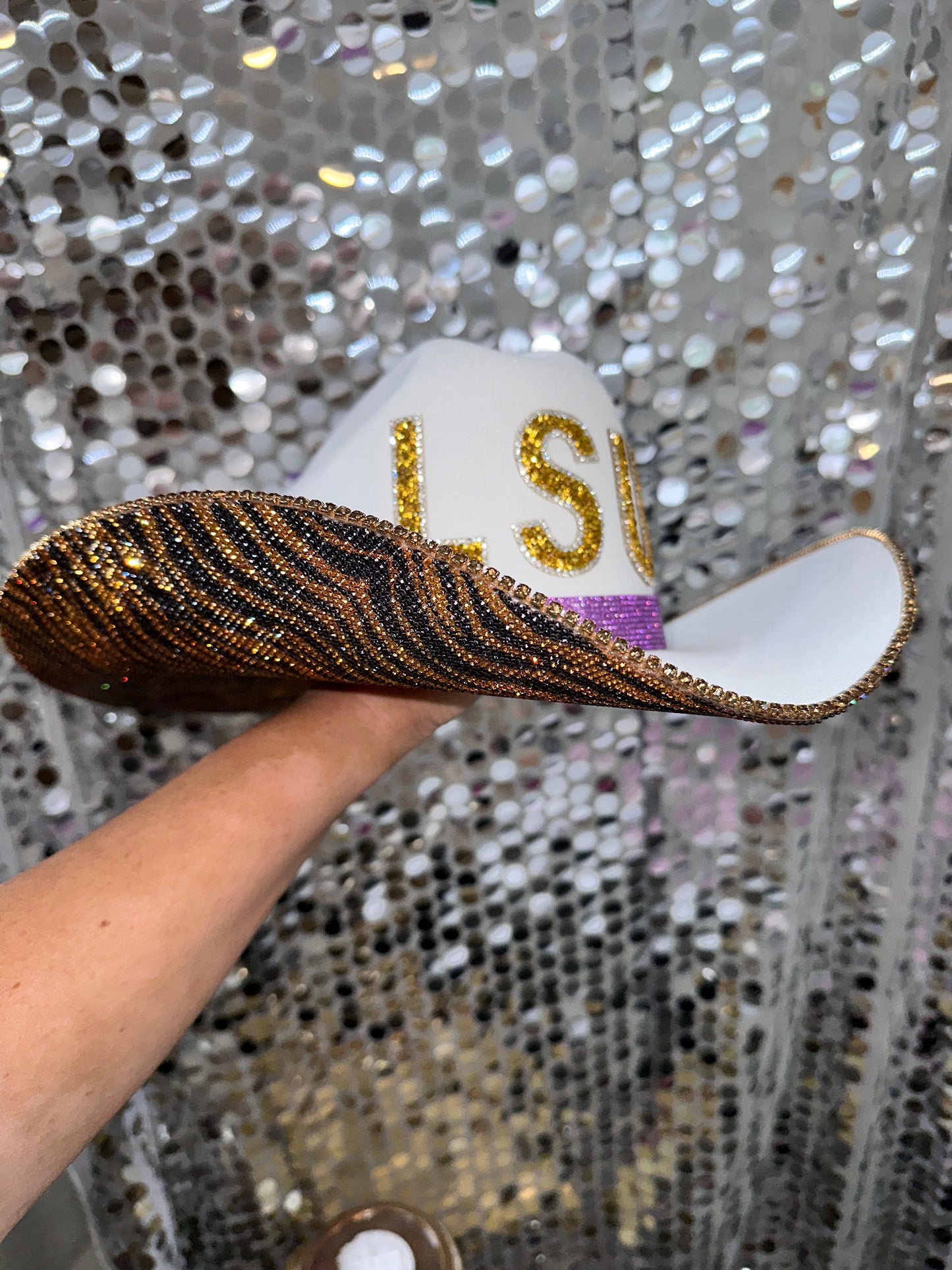 Tiger Print White Straw Hat with Rhinestones LSU