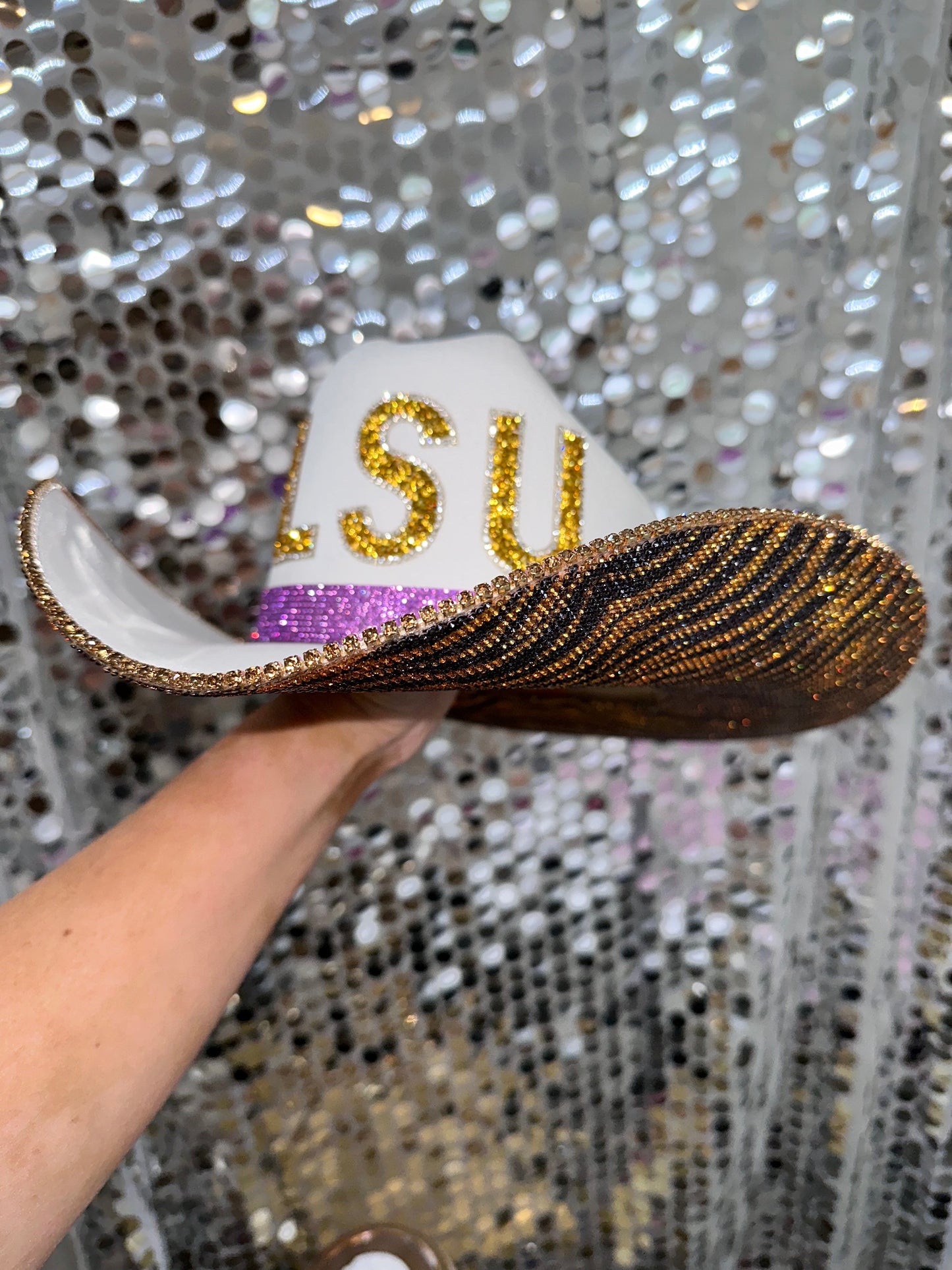 Tiger Print White Straw Hat with Rhinestones LSU