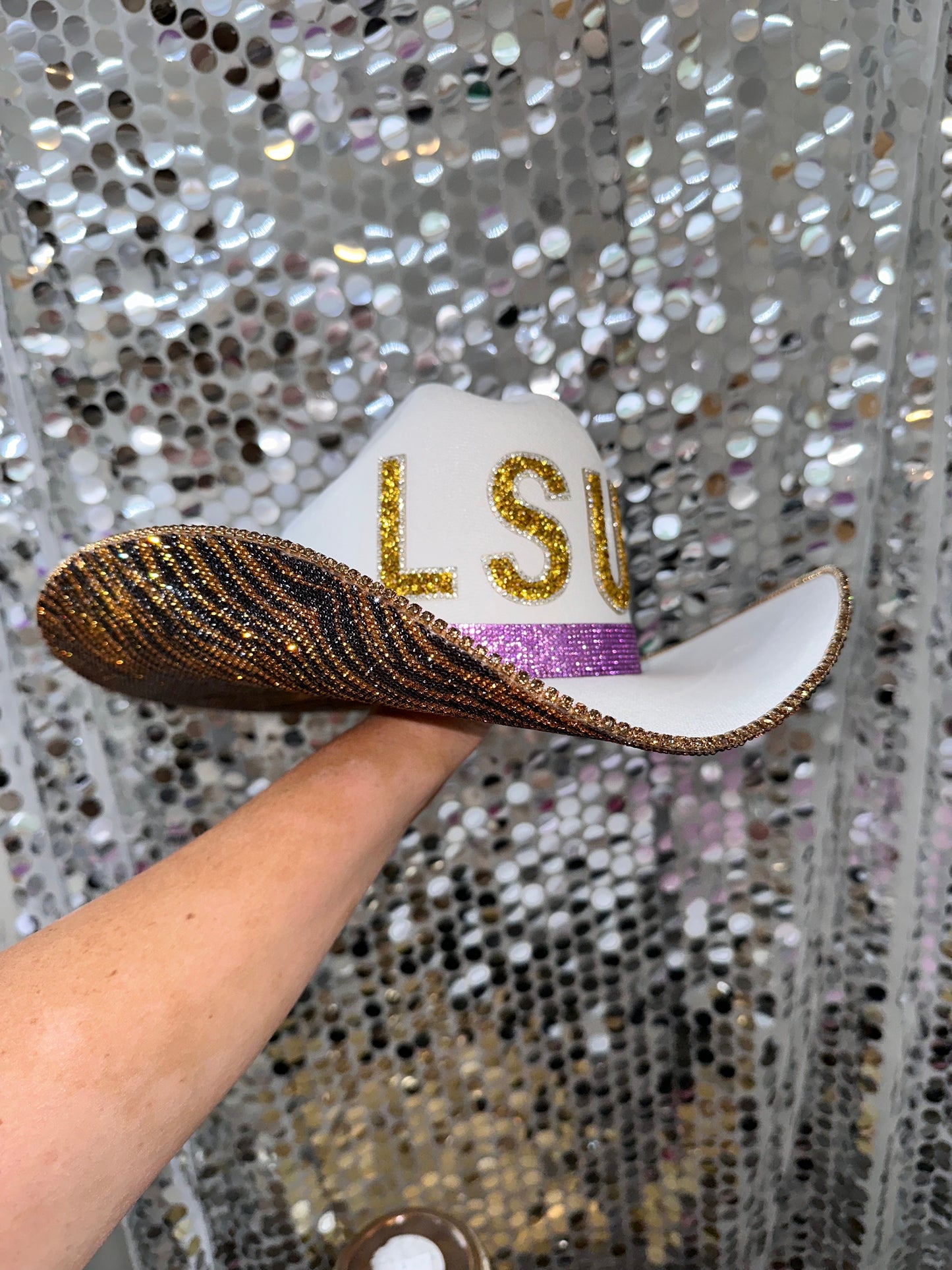 Tiger Print White Straw Hat with Rhinestones LSU